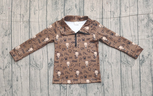 12.8 BT1597 Sample No Moq Baby Boys Long Sleeve Western Bull Skulls Zipper Pullovers Top