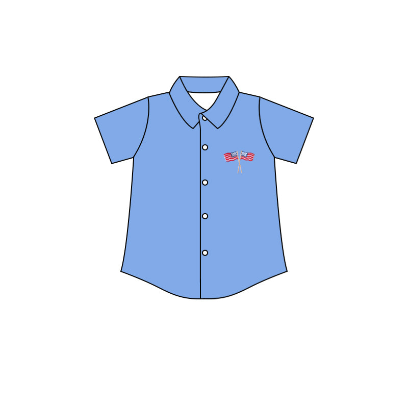 11.19 BT1600 Pre order No Moq Baby Boys Blue Short Sleeve Button Flags 4th of July Shirts Top