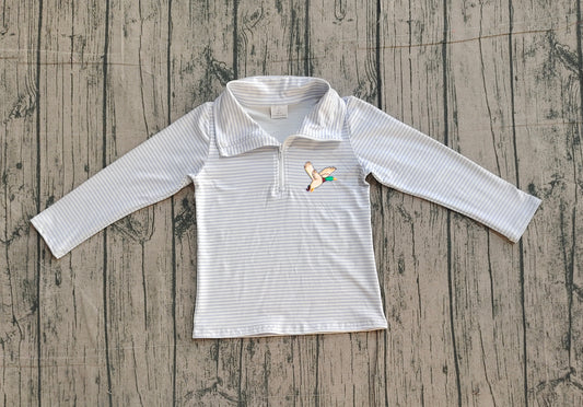 12.23 BT1638 Sample No Moq Embroidery Ducks Baby Boys Blue Stripe Hunting Zip Pullovers Top