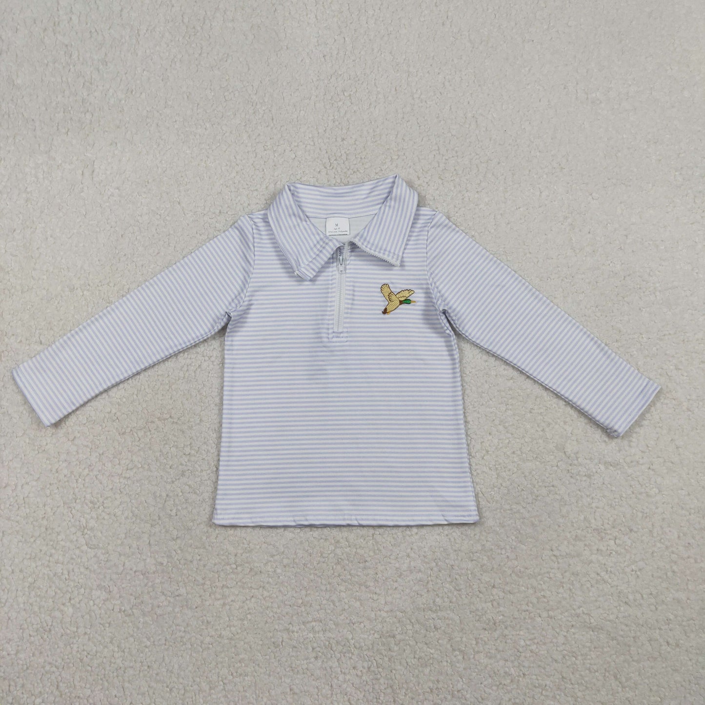 1.12 RTS NO MOQ （In stock）BT1638  Embroidery Ducks Baby Boys Grey Stripe Hunting Zip Pullovers Top