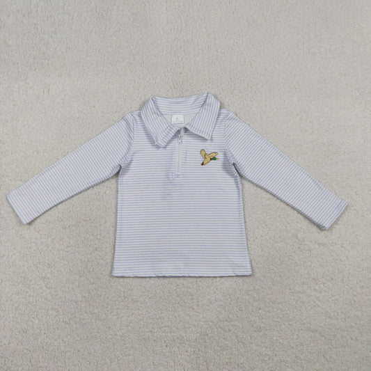 1.12 RTS NO MOQ （In stock）BT1638  Embroidery Ducks Baby Boys Grey Stripe Hunting Zip Pullovers Top
