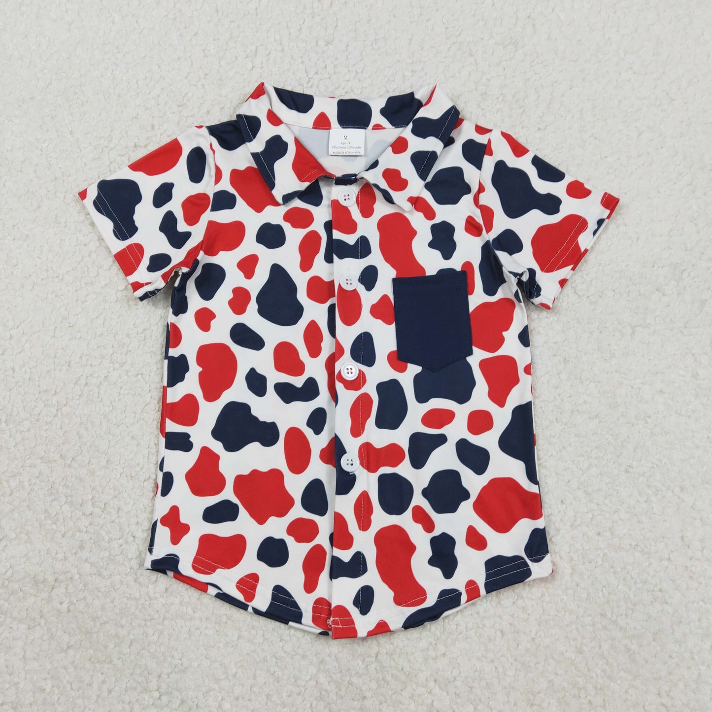 1.28 RTS NO MOQ （In stock）BT1656 Baby Boys Red Blue Cow Print 4th of July Button Pocket Shirts Top