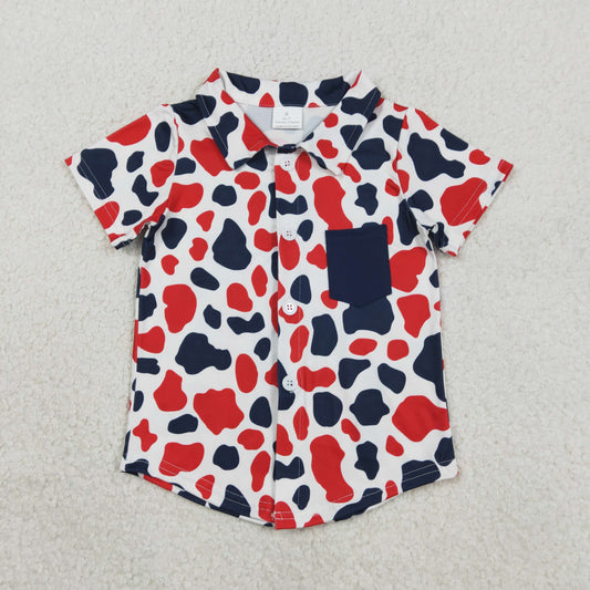 1.28 RTS NO MOQ （In stock）BT1656 Baby Boys Red Blue Cow Print 4th of July Button Pocket Shirts Top