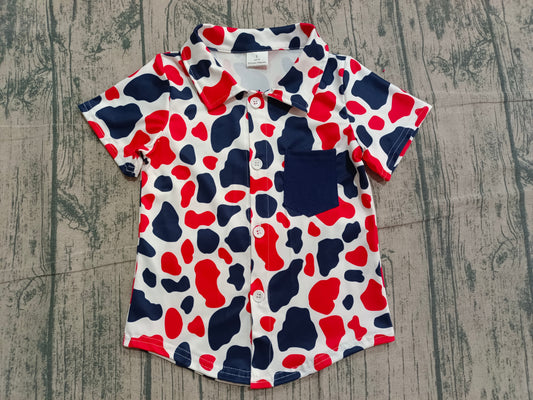 1.5 BT1656 Sample No Moq Baby Boys Red Blue Cow Print Button Pocket 4th of July Shirts Top