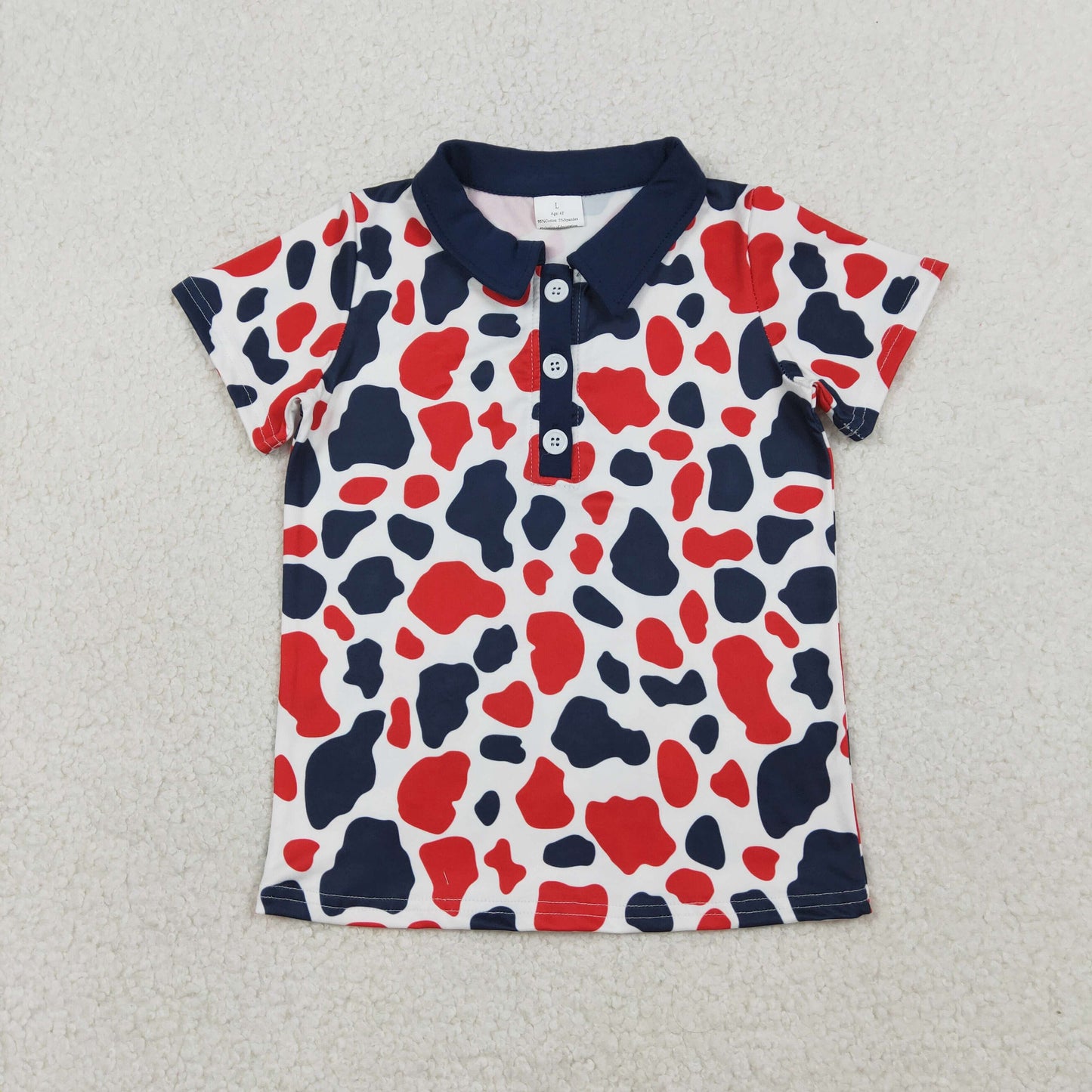 1.19 RTS NO MOQ （In stock）BT1657 Baby Boys Red Blue Cow Print 4th of July Button Polo Shirts Top