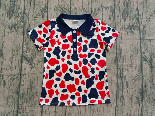 1.5 BT1657 Sample No Moq Baby Boys Red Blue Cow Print Button 4th of July Polo Shirts Top