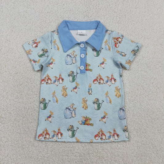 2.2 RTS NO MOQ （In stock）BT1665 Baby Boys Short Sleeve Rabbits Easter Button Polo Shirts Top