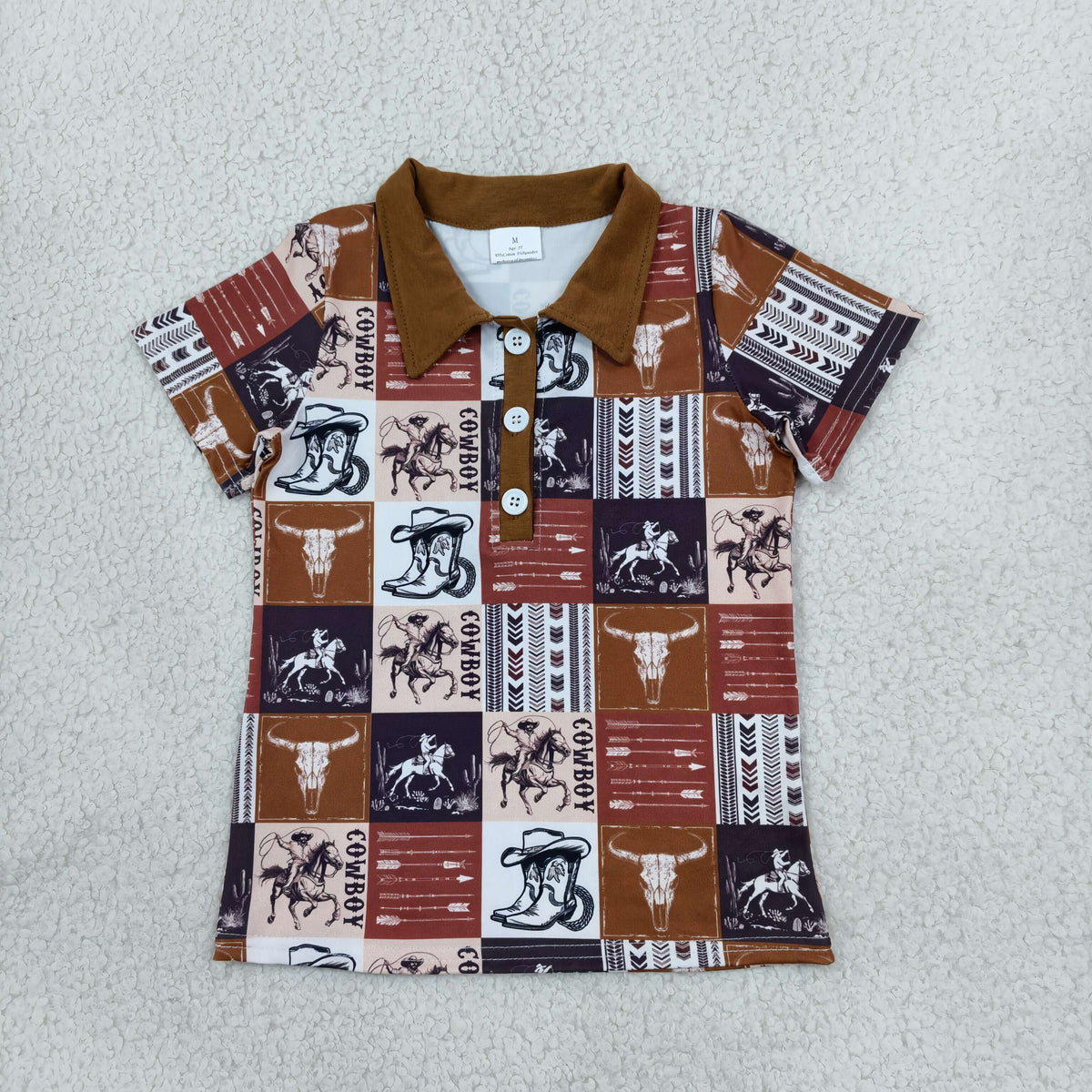 RTS NO MOQ （In stock）milk silk BT1670 Polos For Kids Boys Short Sleeve Button Horse Rodeos Cows Checked Western Polo Shirts Top Casual Tees