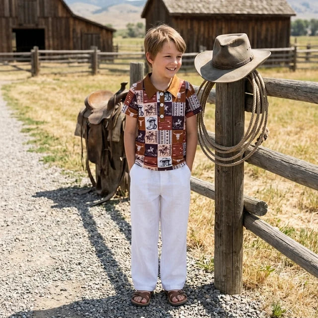 RTS NO MOQ （In stock）milk silk BT1670 Polos For Kids Boys Short Sleeve Button Horse Rodeos Cows Checked Western Polo Shirts Top Casual Tees