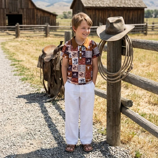 RTS NO MOQ （In stock）milk silk BT1670 Polos For Kids Boys Short Sleeve Button Horse Rodeos Cows Checked Western Polo Shirts Top Casual Tees