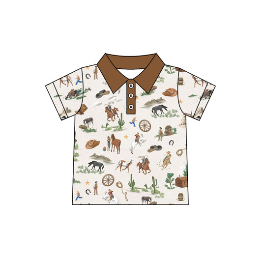 1.5 BT1684 Pre order No Moq Baby Boys Short Sleeve Horse Rodeos Cactus Western Button Polo Shirts Top