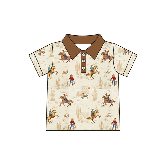 1.5 BT1685 Pre order No Moq Baby Boys Short Sleeve Cactus Horse Rodeos Western Button Polo Shirts Top