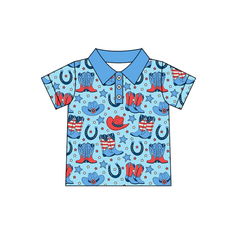 1.5 BT1686 Pre order No Moq Baby Boys Short Sleeve Stars Hats Boots 4th of July Western Button Polo Shirts Top