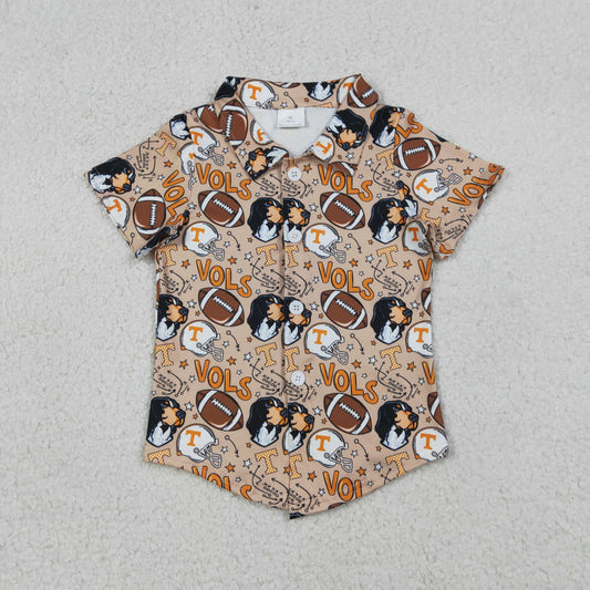 3.24 RTS NO MOQ （In stock）BT1717 Baby Boys Summer Short Sleeve Khaki Footballs Dogs Vols Team Button Shirts Top