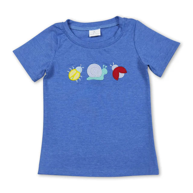 5.15 RTS NO MOQ （In stock）BT1725+SS0074 Blue short sleeves snail embroidery boys shirt outfits