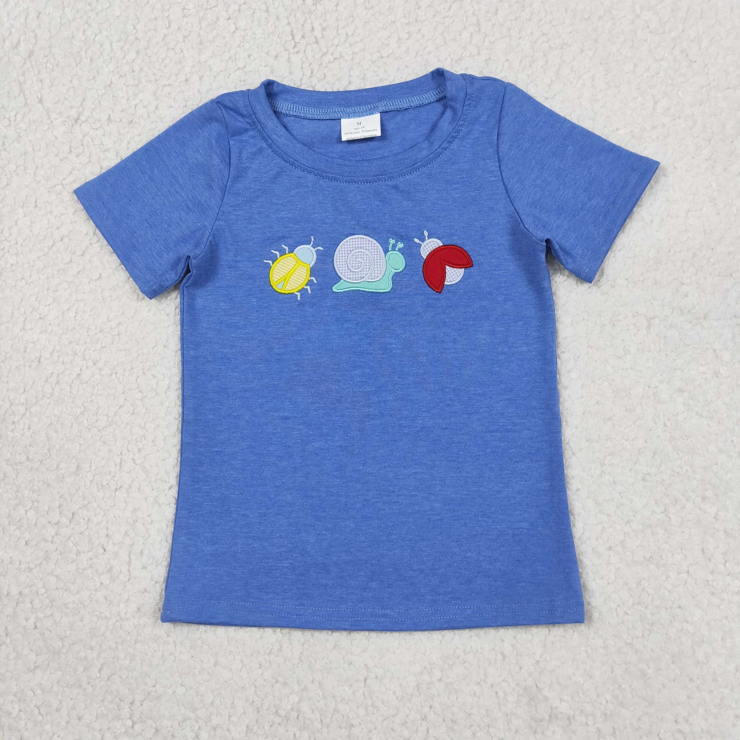 BT1725 RTS NO MOQ （In stock ）Blue cotton short sleeves snail embroidery boys shirt