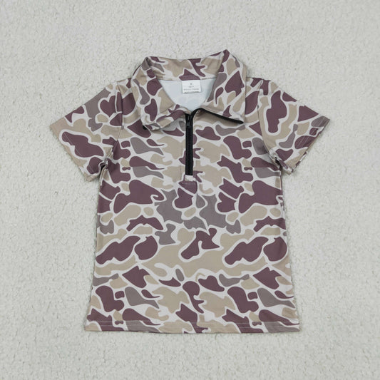 BT1727 RTS NO MOQ （In stock）Baby Boys Short Sleeve Southern Grey Camo Zipper Pullovers Top