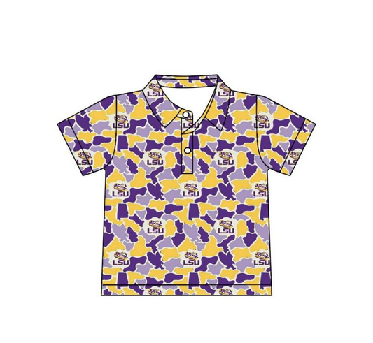 2.27 BT1744 Pre order No Moq Baby Boys Purple Yellow Camo LSU Tigers Team Button Polo Shirt Top