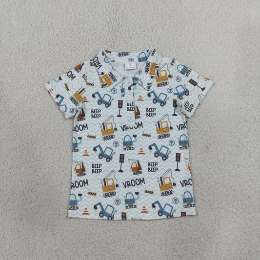 RTS NO MOQ （In stock）milk silk BT1793 Baby Boys Short Sleeve Excavators Tractors Button Polo Shirts Top