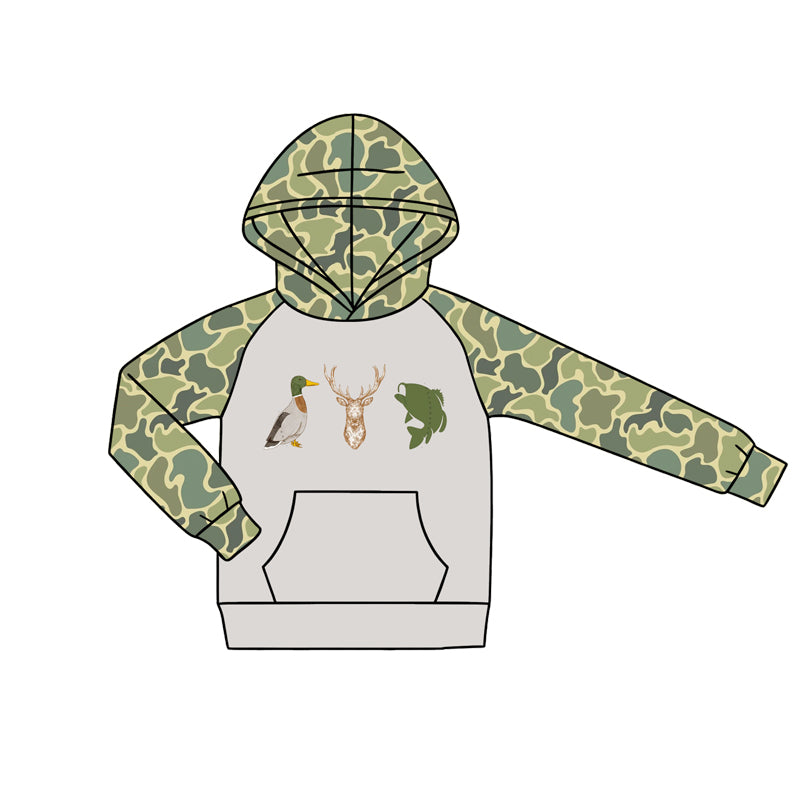 4.18 Pre order No Moq Baby Boys Southern Camo Deer Duck Fishes Hunting Pocket Hoodie Romper