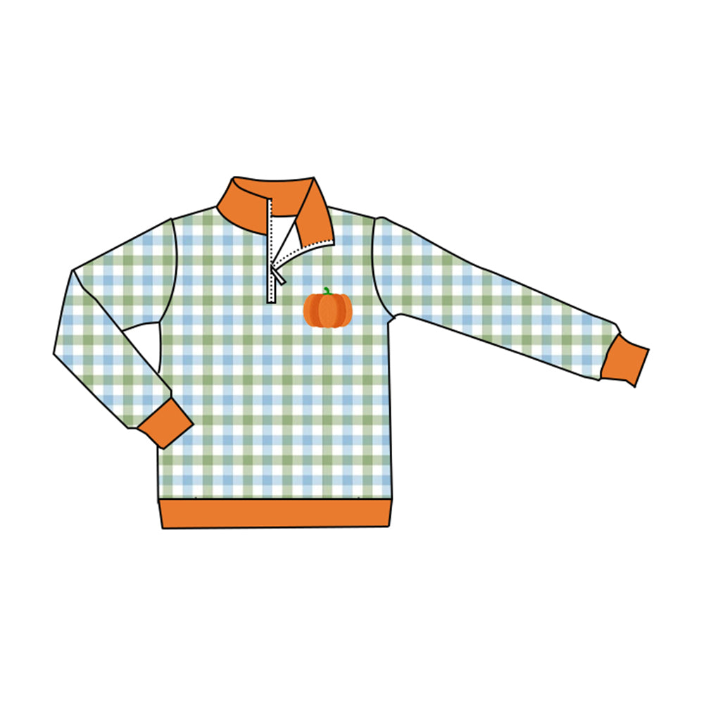 4.21 Pre order No Moq Baby Baby Girls and boys Long Ruffle Sleeve Green Checked Pumpkin Fall Zipper Pullovers Top