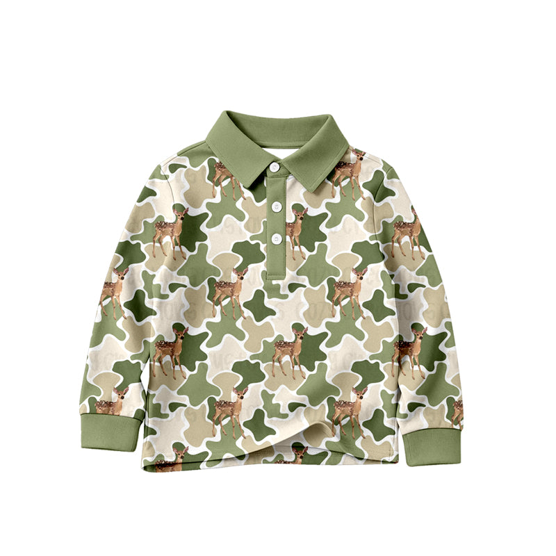 4.24 Pre order No Moq Toddler Camouflage Deer Head Print Long Sleeve Polo Shirt