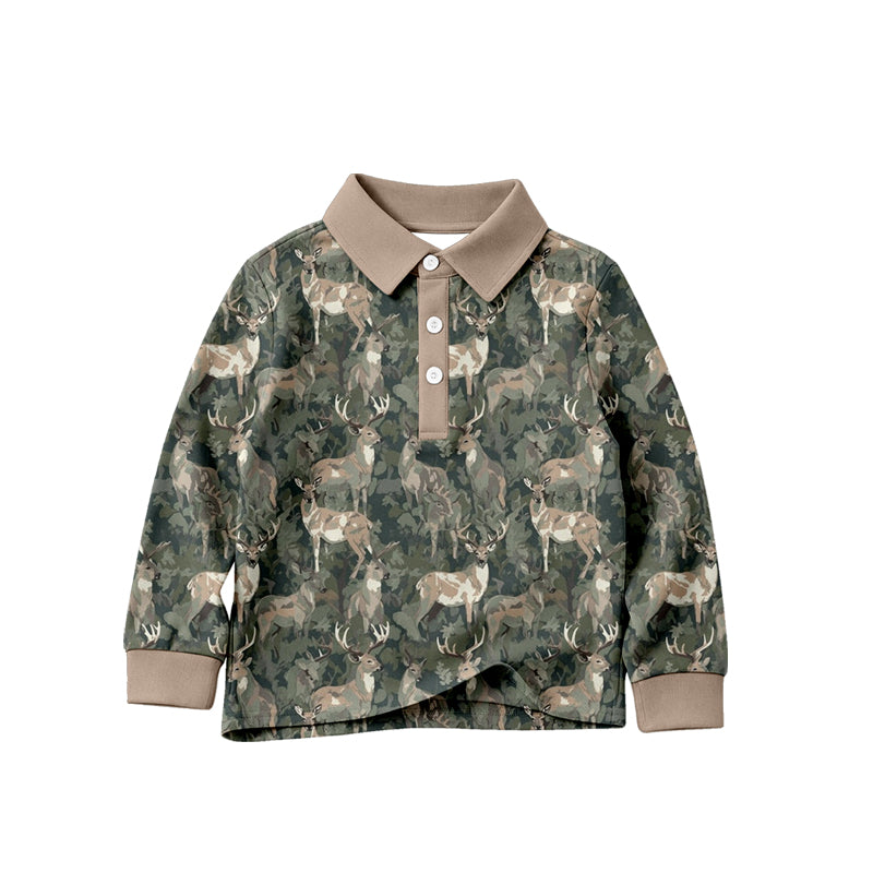 4.24 Pre order No Moq Toddler Camouflage Deer Head Print Long Sleeve Polo Shirt