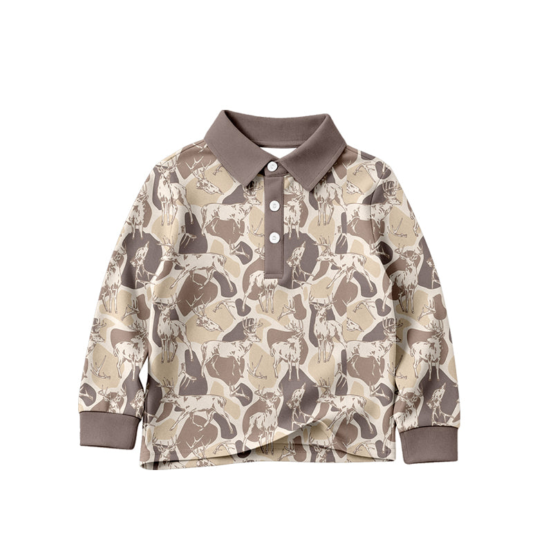 4.24 Pre order No Moq Toddler Camouflage Deer Head Print Long Sleeve Polo Shirt