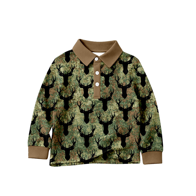 4.24 Pre order No Moq Toddler Camouflage Deer Head Print Long Sleeve Polo Shirt