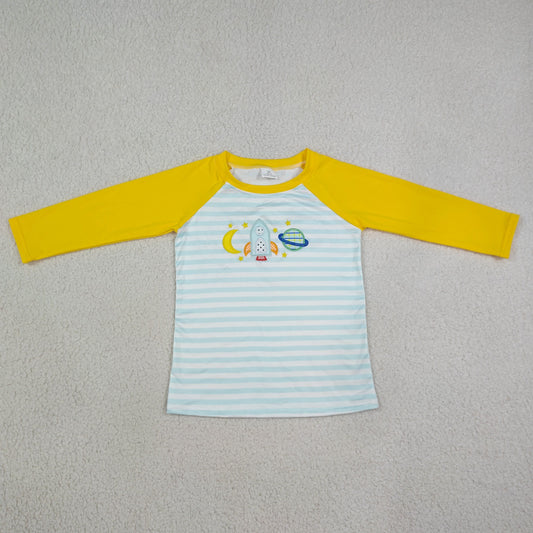 BT1831  RTS NO MOQ （In stock） Embroidery Baby Boys Blue Stripe Rocket Moon Embroidery Long Sleeve T Shirts