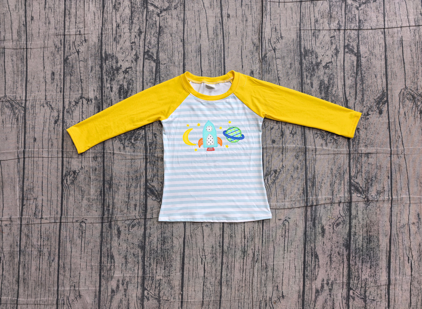 6.11 BT1831 Sample No Moq Embroidery Baby Boys Blue Stripe Rocket Moon Embroidery Long Sleeve T Shirts