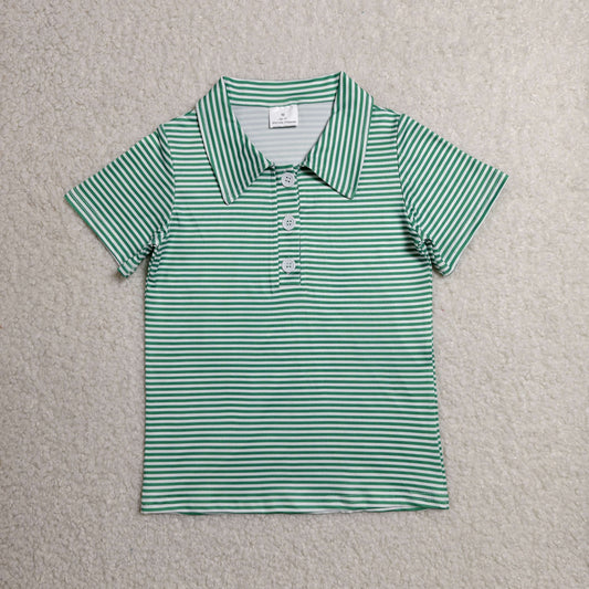 BT1832  RTS NO MOQ （In stock） Baby Boys Short Sleeve Green Stripe Button Shirts Top