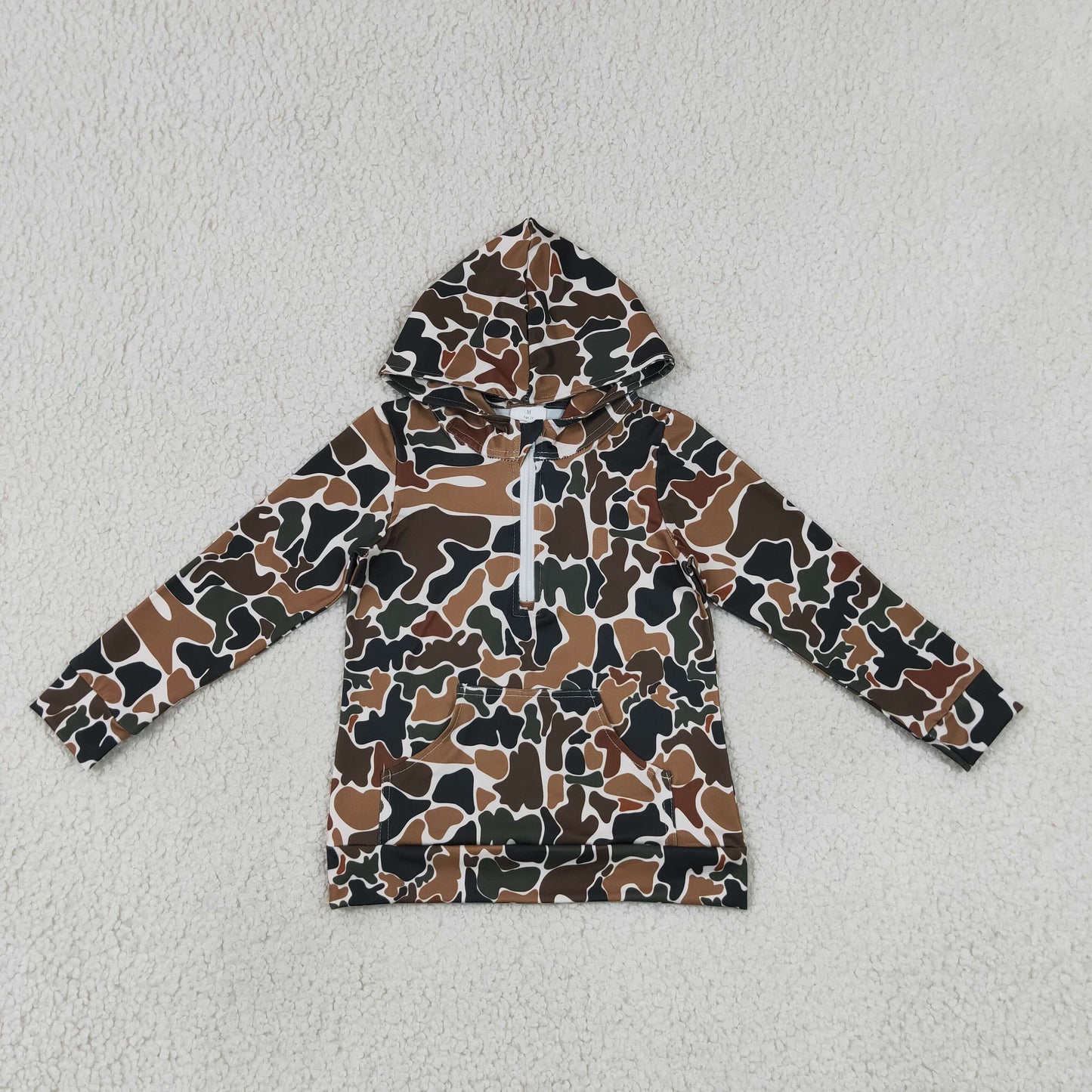 RTS Sibling milk silk Toddler Boys Camo Print Long Sleeve Hooded Top Zip Pocket Casual Fall Pullover