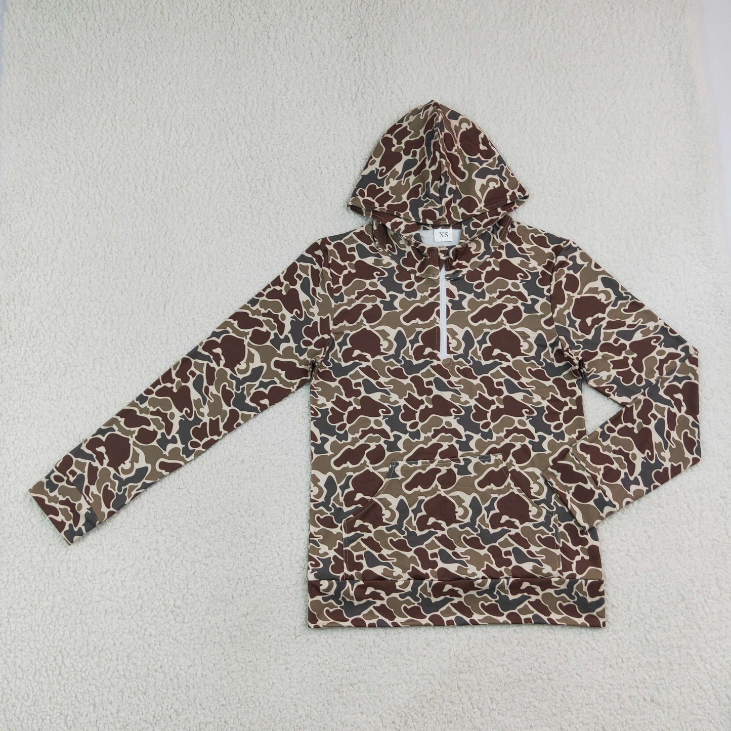 RTS NO MOQ （In stock）milk silk BT1872 Adult Men Brown Camouflage Print Zip Hoodie Front Pocket Long Sleeve Top