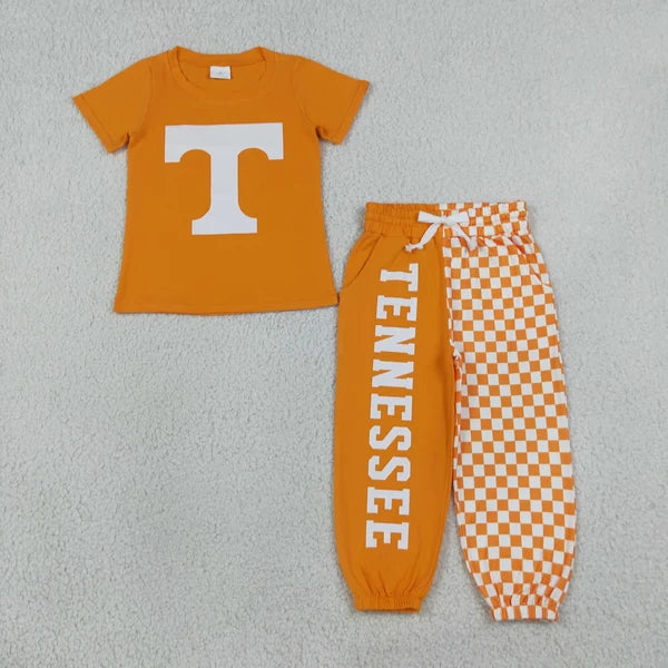 RTS NO MOQ Sibling milk silk Baby Boys Team Short Sleeve Tee Checkerboard Jogger Pant Set