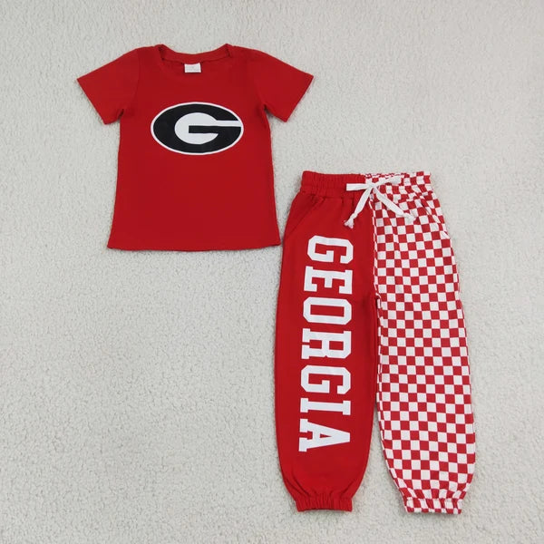 RTS NO MOQ Sibling milk silk Baby Boys Team Short Sleeve Tee Checkerboard Jogger Pant Set