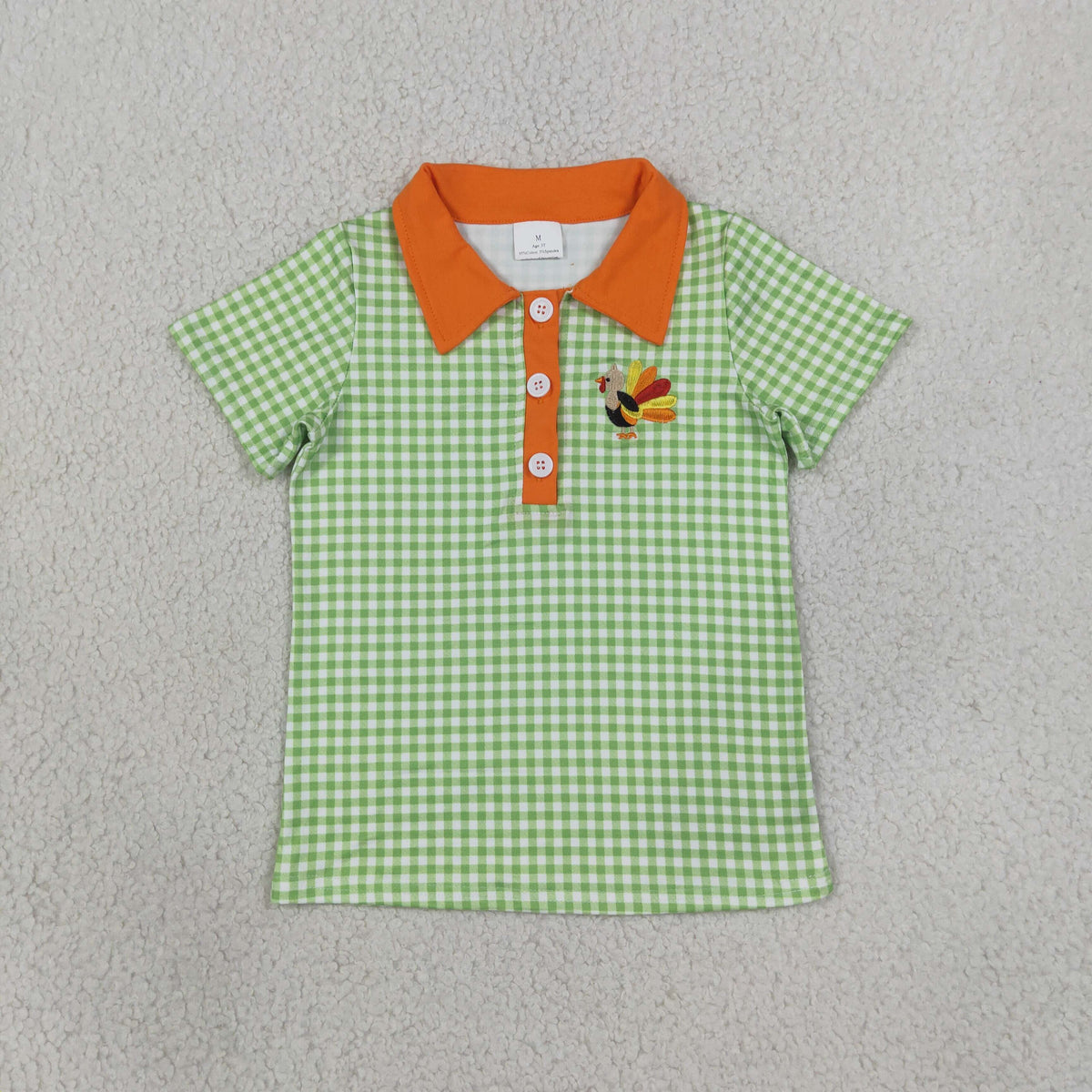 RTS NO MOQ （In stock）milk silk BT1889 Embroidery Turkey Baby Boys Green Checked Thanksgivings Polo Button Shirts Top