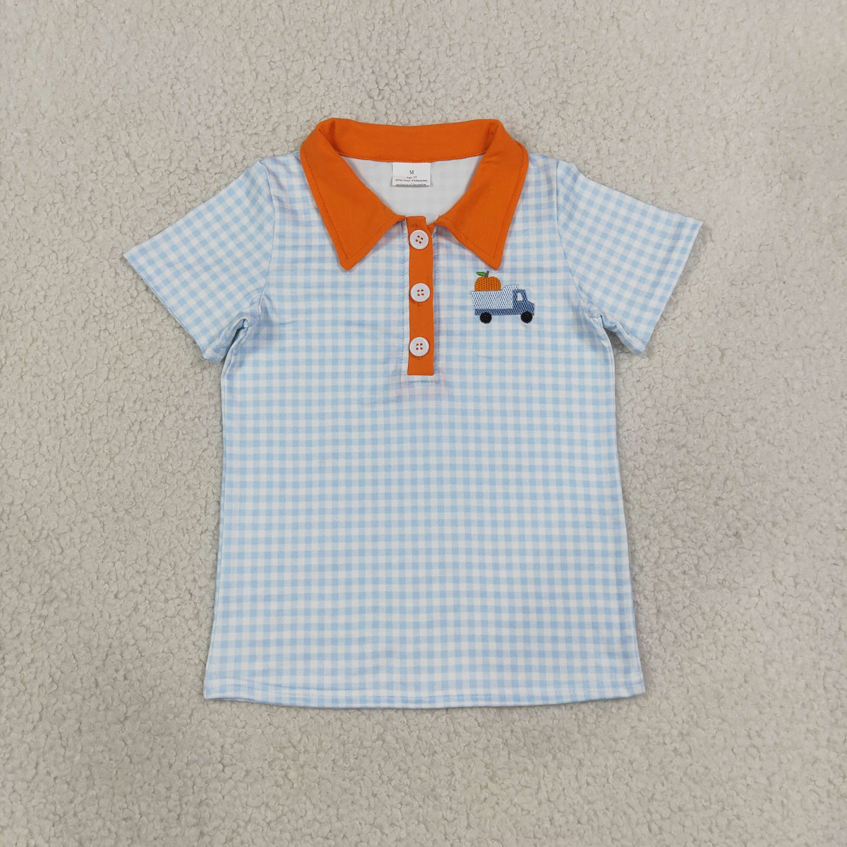 RTS NO MOQ （In stock）milk silk BT1890 Embroidery Pumpkin Baby Boys Blue Checked Truck Fall Button Polo Shirts Top