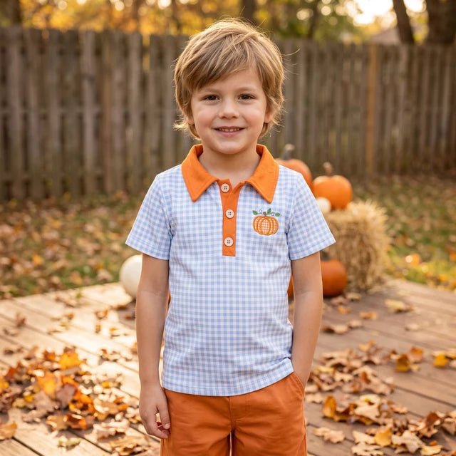RTS NO MOQ （In stock）milk silk BT1891 Embroidery Pumpkin Baby Boys Blue Checked Fall Button Polo Shirts Top