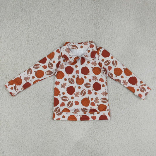 RTS NO MOQ （In stock）milk silk BT1894  Baby Boys Pumpkins Football Zip Pullovers Top Spring Fall Casual Zip Up Long Sleeve Tees