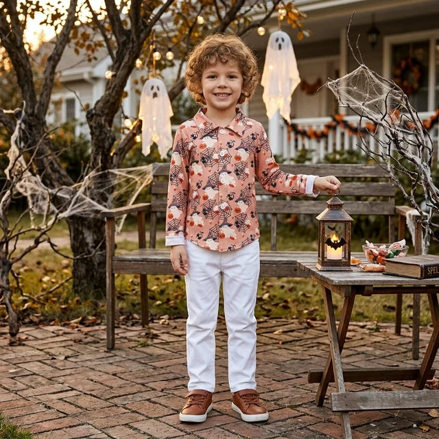 RTS NO MOQ （In stock）BT1902 milk silk Baby Boys Long Sleeve Ghost Pumpkins Halloween Button Shirts Top