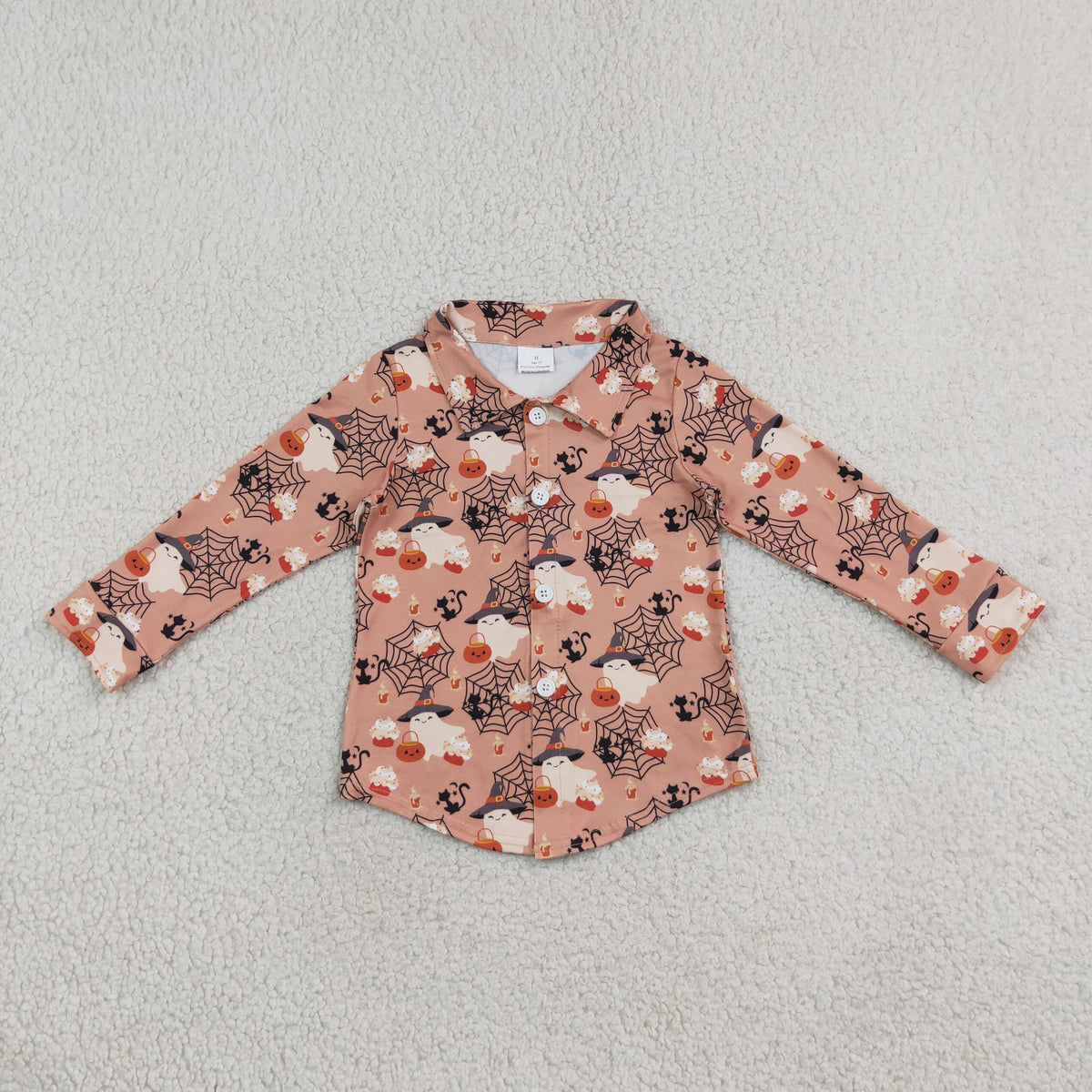 RTS NO MOQ （In stock）BT1902 milk silk Baby Boys Long Sleeve Ghost Pumpkins Halloween Button Shirts Top