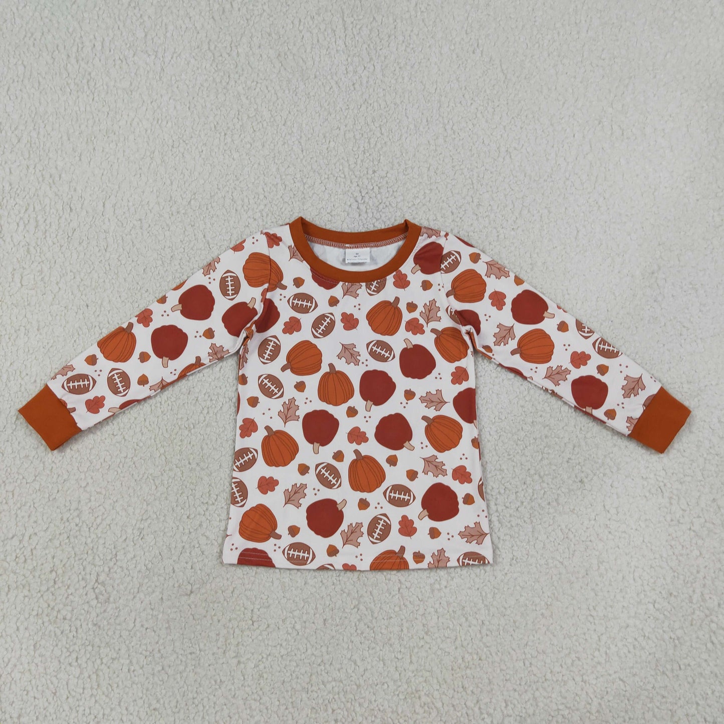 RTS NO MOQ （In stock）milk silk BT1928 Baby Boys Long Sleeve Footballs Pumpkins Leaves Print T Shirts Autumn Top