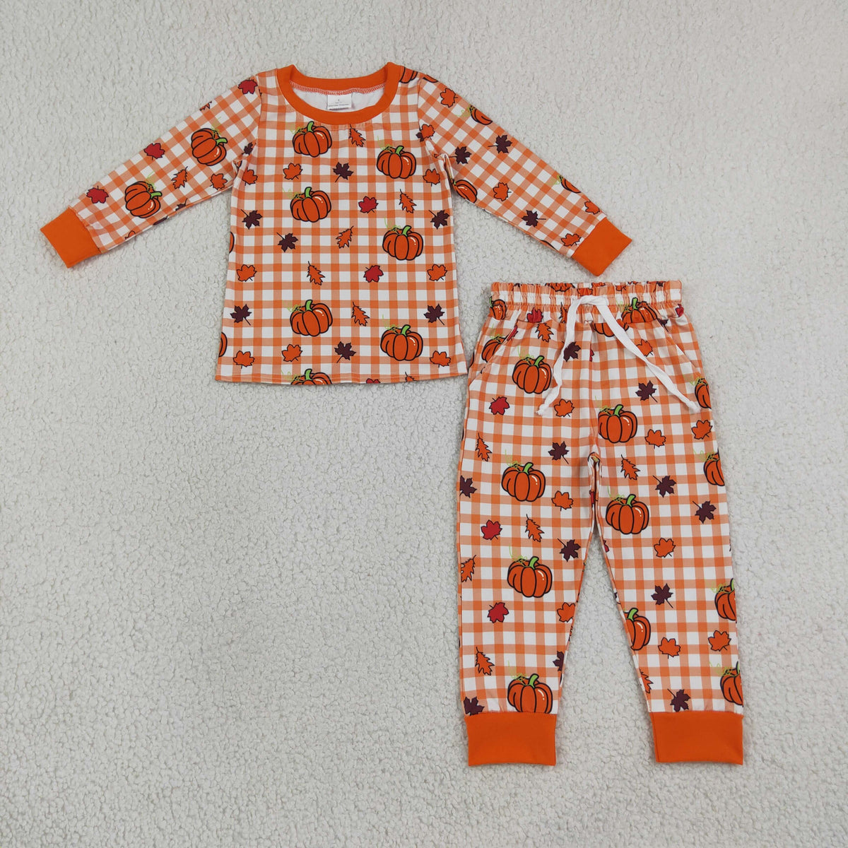 RTS NO MOQ Sibling milk silk Baby Boys Orange Checked Pumpkin Leaf Print Half Zip Pullover And Long Sleeve Top Matching Jogger Pants Fall Set