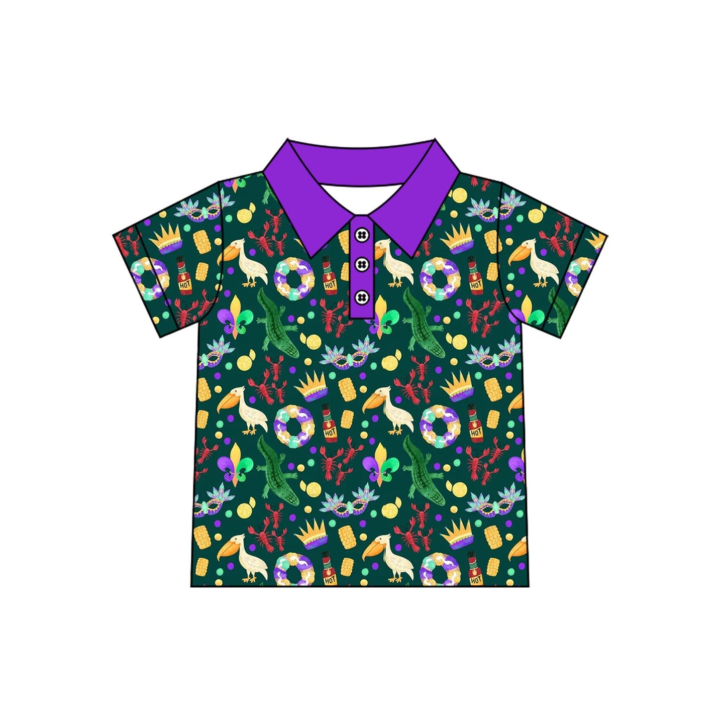 BT1961 (Preorder new) No moq Baby Boys Mardigras Pelican Crayfishes Button Polo Shirts Top