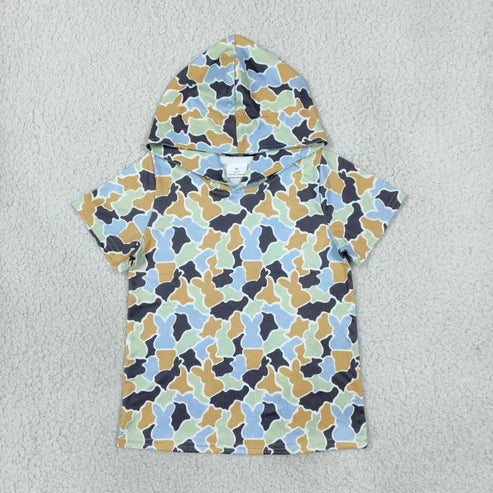 RTS NO MOQ Sibling milk silk Baby Girls And Boys Easter Bunny Camo Print Short Sleeve Hooded T Shirt