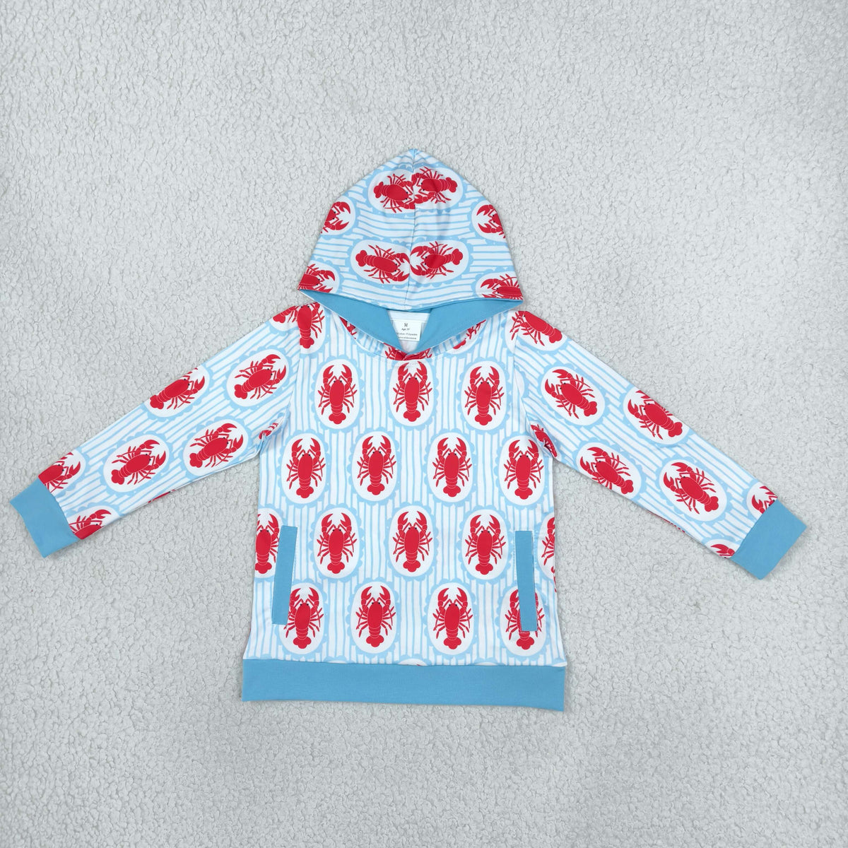 RTS NO MOQ （In stock）BT1974 milk silk Baby Boys Long Sleeve Blue Stripe Crayfishes Pockets Hoodies Top