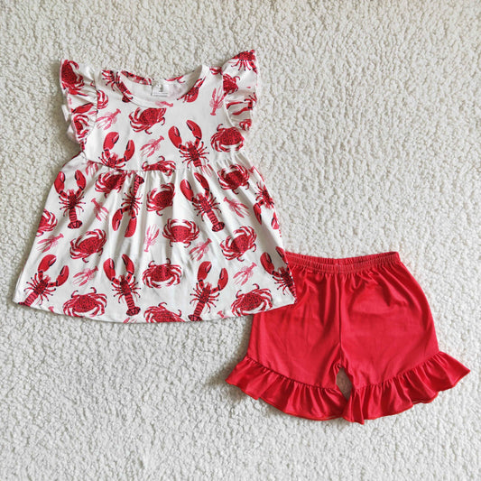 C0-27 Baby Girls Summer Outfits Baby girls summer crawfish red tunic ruffle shorts sets
