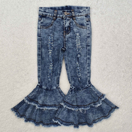 C1-13Washed denim waistband ruffle Bell Bottom Girls Pants
