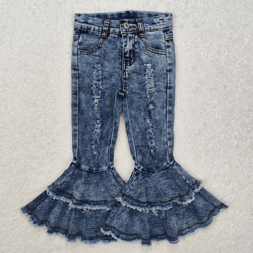 11.6 RTS Sibling Baby Girls Blue Ruffle Bell Bottom Denim Pants Jeans